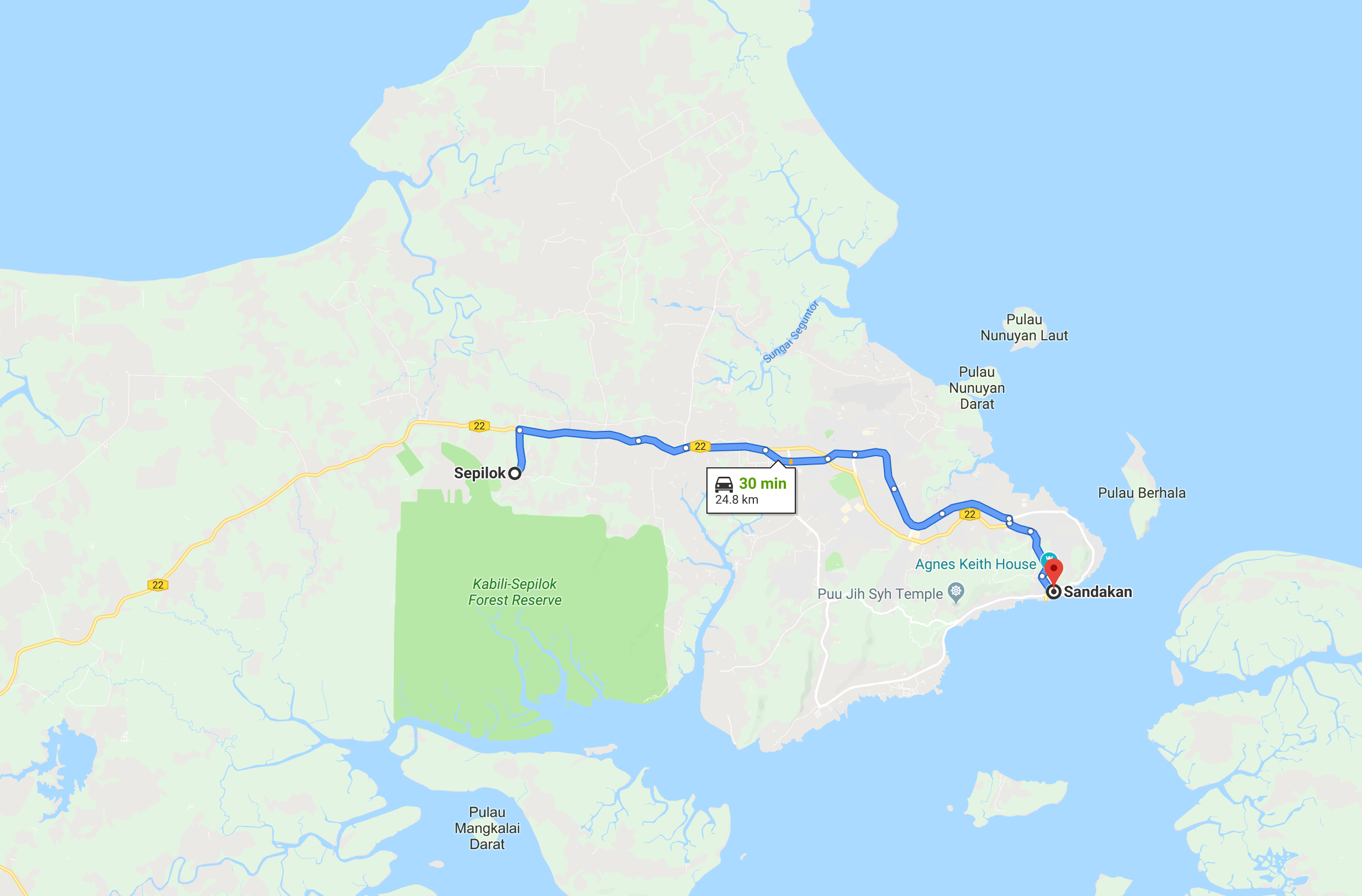 Sanakan to Sepilok map